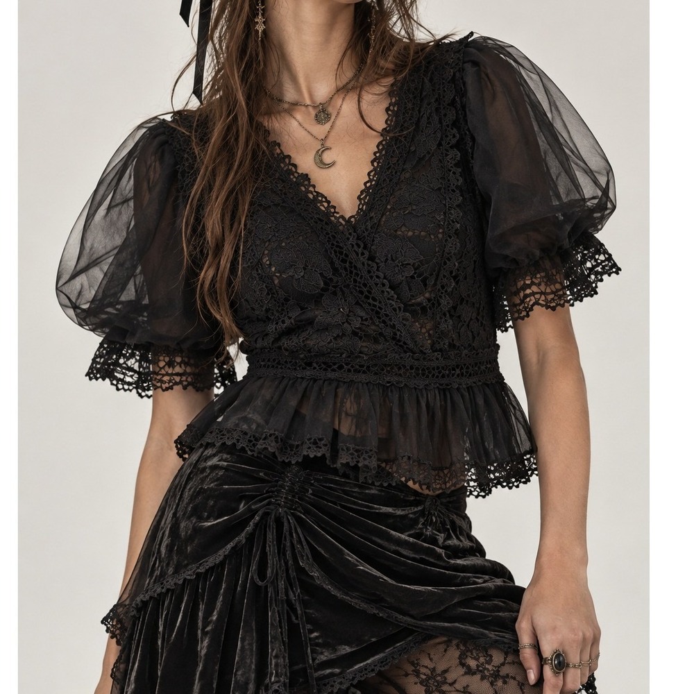 Whimsygoth Babydoll Top Womens L Black Witchy Crochet Lace Sheer Dark Boho